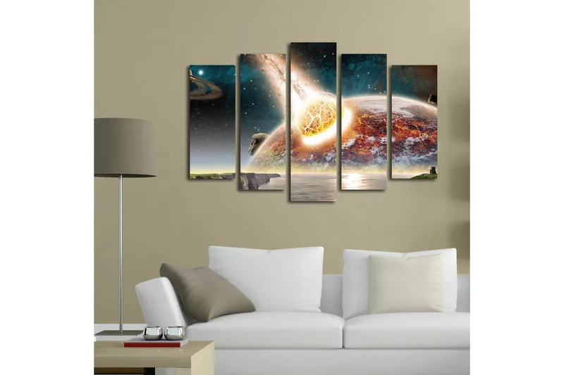 Suuri 5-osainen canvas-taulu, 105x70 cm - Apokalyptinen kohtaus, jossa meteoriitti osuu planeettaan - Oranssi / Sininen / Harmaa - Sisustustuotteet - Taulu & taide - Canvas-taulu