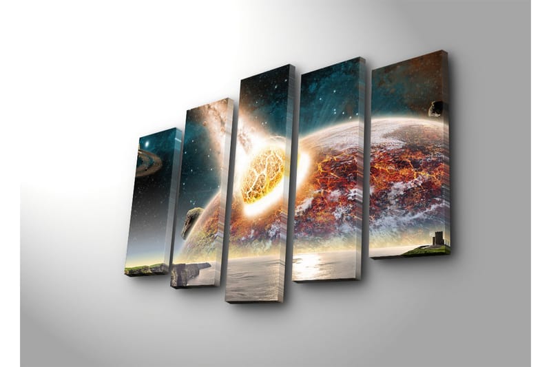 Suuri 5-osainen canvas-taulu, 105x70 cm - Apokalyptinen kohtaus, jossa meteoriitti osuu planeettaan - Oranssi / Sininen / Harmaa - Sisustustuotteet - Taulu & taide - Canvas-taulu