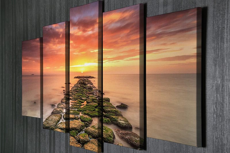 Suuri 5-osainen canvas-taulu, 105x70 cm - Auringonlasku kallioisen laiturin yllä - Oranssi / Vihreä / Sininen - Sisustustuotteet - Taulu & taide - Canvas-taulu