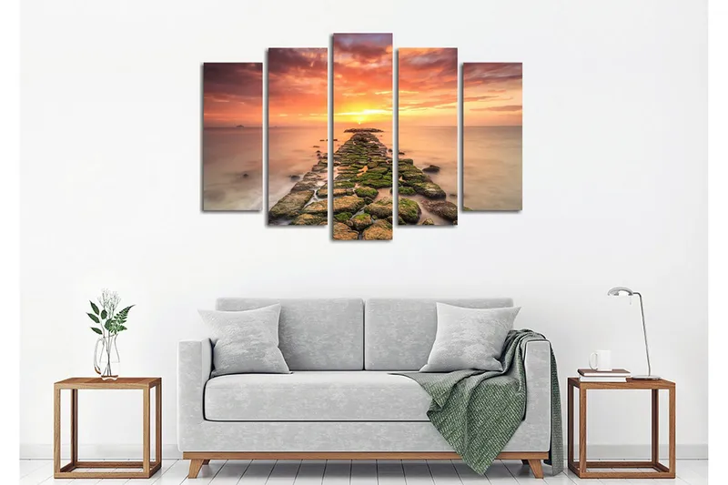 Suuri 5-osainen canvas-taulu, 105x70 cm - Auringonlasku kallioisen laiturin yllä - Oranssi / Vihreä / Sininen - Sisustustuotteet - Taulu & taide - Canvas-taulu