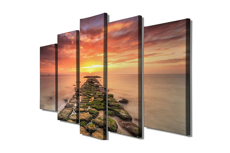 Suuri 5-osainen canvas-taulu, 105x70 cm - Auringonlasku kallioisen laiturin yllä, Oranssi / Vihreä / Sininen