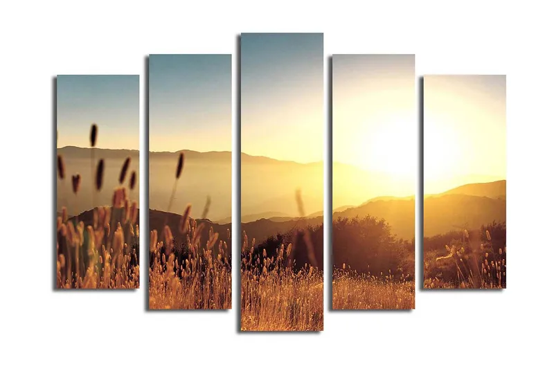 Suuri 5-osainen canvas-taulu, 105x70 cm - Auringonlasku kumpuilevan maiseman yllä, ruohonkorret etualalla, Kulta / Oranssi / Sininen
