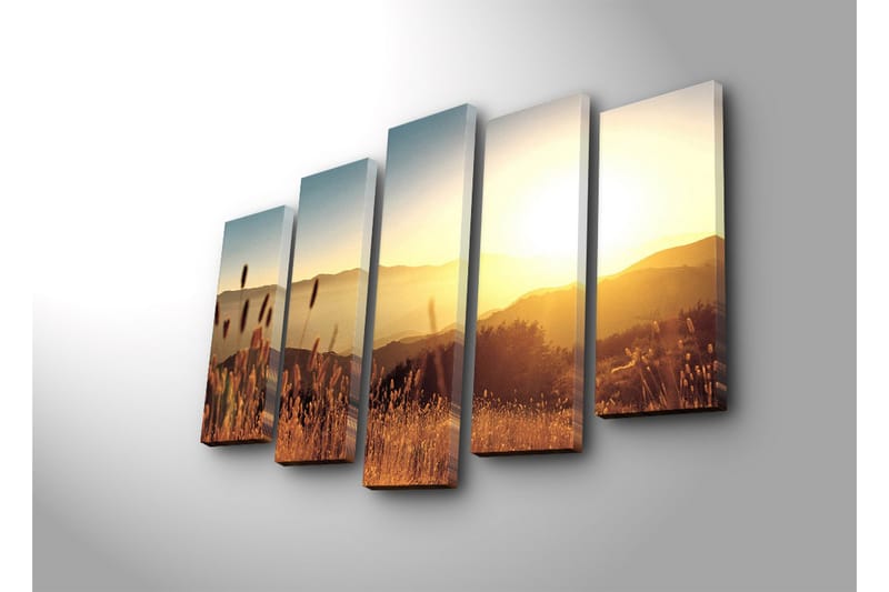 Suuri 5-osainen canvas-taulu, 105x70 cm - Auringonlasku kumpuilevan maiseman yllä, ruohonkorret etualalla - Kulta / Oranssi / Sininen - Sisustustuotteet - Taulu & taide - Canvas-taulu