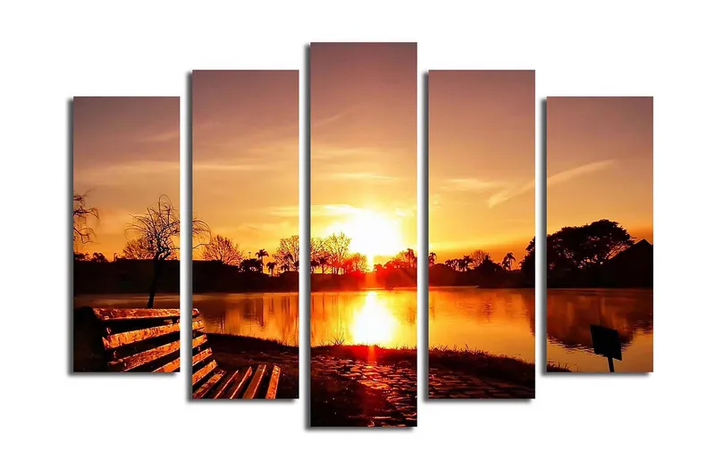 Suuri 5-osainen canvas-taulu, 105x70 cm - Auringonlasku peilimäisen järven yllä, puiden siluetit ja penkki etualalla, Oranssi / Kulta / Musta