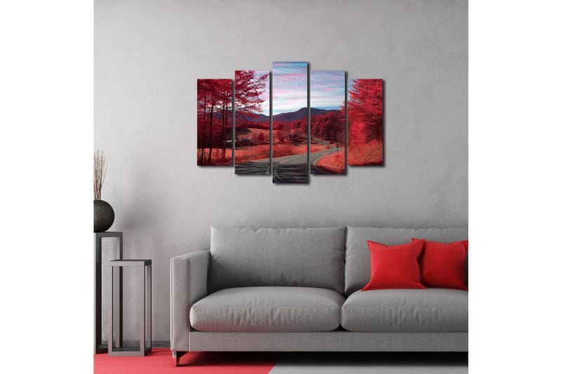Suuri 5-osainen canvas-taulu, 105x70 cm - Dramaattinen maisema punaisilla puilla ja mutkittelevalla tiellä - Punainen / Vaaleanpunainen - Sisustustuotteet - Taulu & taide - Canvas-taulu