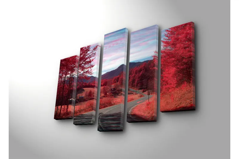 Suuri 5-osainen canvas-taulu, 105x70 cm - Dramaattinen maisema punaisilla puilla ja mutkittelevalla tiellä - Punainen / Vaaleanpunainen - Sisustustuotteet - Taulu & taide - Canvas-taulu
