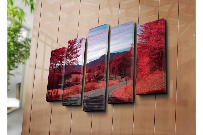 Suuri 5-osainen canvas-taulu, 105x70 cm - Dramaattinen maisema punaisilla puilla ja mutkittelevalla tiellä - Punainen / Vaaleanpunainen - Sisustustuotteet - Taulu & taide - Canvas-taulu