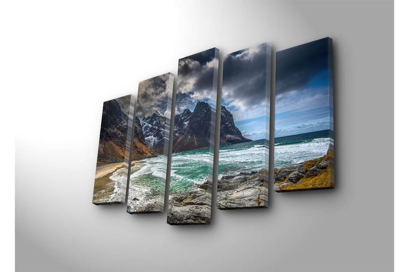Suuri 5-osainen canvas-taulu, 105x70 cm - Dramaattiset vuoret meren ja rannan kanssa - Tummanharmaa / Turkoosi / Beige - Sisustustuotteet - Taulu & taide - Canvas-taulu