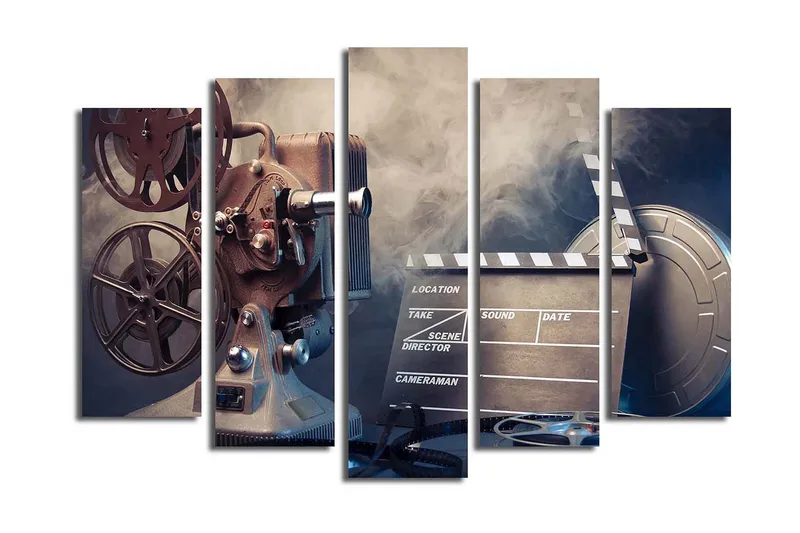 Suuri 5-osainen canvas-taulu, 105x70 cm - Filmikamera filmirullien ja läppärin kanssa nostalgisessa ympäristössä - Harmaa / Musta / Hopea - Sisustustuotteet - Taulu & taide - Canvas-taulu