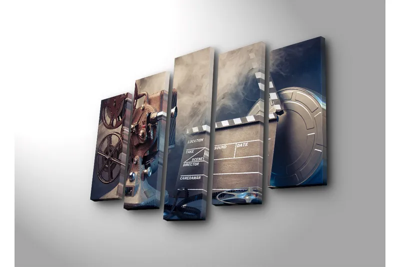 Suuri 5-osainen canvas-taulu, 105x70 cm - Filmikamera filmirullien ja läppärin kanssa nostalgisessa ympäristössä - Harmaa / Musta / Hopea - Sisustustuotteet - Taulu & taide - Canvas-taulu