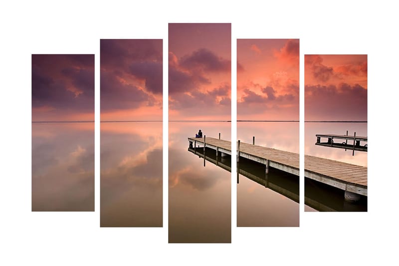 Suuri 5-osainen canvas-taulu, 105x70 cm - Hiljaisuus laiturilla auringonlaskun valossa - Violetti / Vaaleanpunainen / Beige - Sisustustuotteet - Taulu & taide - Canvas-taulu