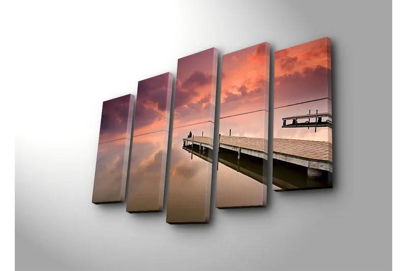 Suuri 5-osainen canvas-taulu, 105x70 cm - Hiljaisuus laiturilla auringonlaskun valossa - Violetti / Vaaleanpunainen / Beige - Sisustustuotteet - Taulu & taide - Canvas-taulu