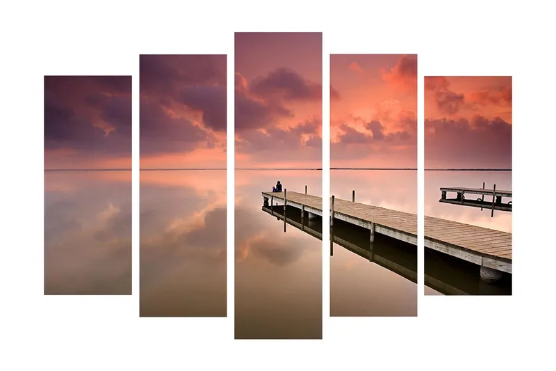 Suuri 5-osainen canvas-taulu, 105x70 cm - Hiljaisuus laiturilla auringonlaskun valossa, Violetti / Vaaleanpunainen / Beige