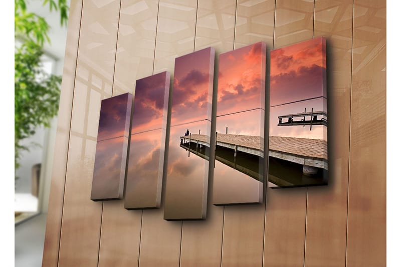 Suuri 5-osainen canvas-taulu, 105x70 cm - Hiljaisuus laiturilla auringonlaskun valossa - Violetti / Vaaleanpunainen / Beige - Sisustustuotteet - Taulu & taide - Canvas-taulu