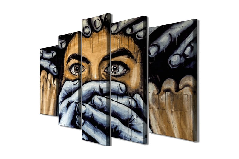 Suuri 5-osainen canvas-taulu, 105x70 cm - Ilmeikäs kasvot, kädet peittävät suun - Musta / Ihonväri / Harmaa - Sisustustuotteet - Taulu & taide - Canvas-taulu