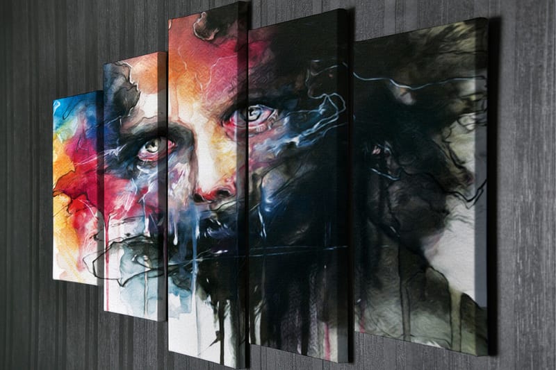 Suuri 5-osainen canvas-taulu, 105x70 cm - Intensiivinen muotokuva dramaattisilla väreillä ja ilmeikkäillä piirteillä - Musta / Punainen / Sininen - Sisustustuotteet - Taulu & taide - Canvas-taulu