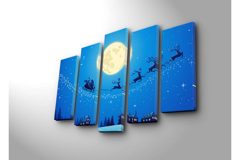 Suuri 5-osainen canvas-taulu, 105x70 cm - Jouluyö, jossa joulupukki lentää kaupungin yllä porojen kanssa reessä - Tummansininen / Vaaleansininen / Valkoinen - Sisustustuotteet - Taulu & taide - Canvas-taulu