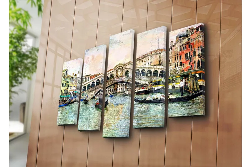 Suuri 5-osainen canvas-taulu, 105x70 cm - Kaunis näkymä Rialton sillalle Venetsiassa ja gondoleilla kanavassa - Sininen / Vihreä / Beige - Sisustustuotteet - Taulu & taide - Canvas-taulu