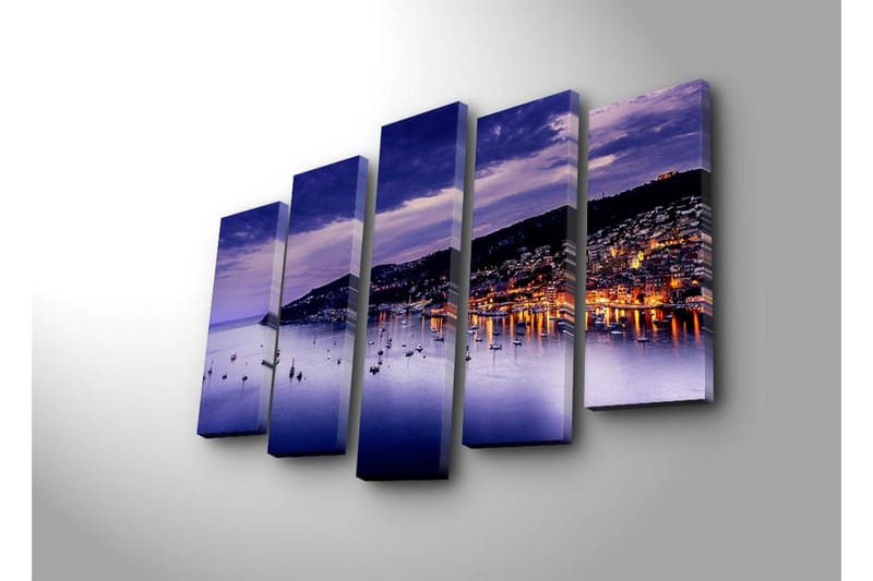 Suuri 5-osainen canvas-taulu, 105x70 cm - Kaunis rannikko purjeveneineen auringonlaskun valossa - Violetti / Sininen / Oranssi - Sisustustuotteet - Taulu & taide - Canvas-taulu