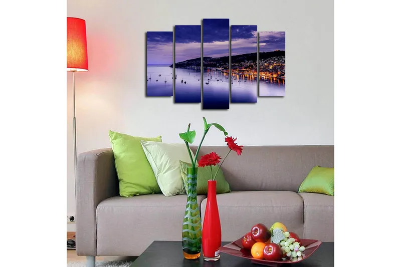 Suuri 5-osainen canvas-taulu, 105x70 cm - Kaunis rannikko purjeveneineen auringonlaskun valossa - Violetti / Sininen / Oranssi - Sisustustuotteet - Taulu & taide - Canvas-taulu