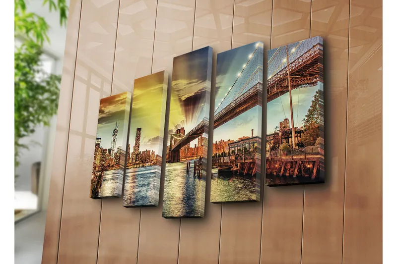 Suuri 5-osainen canvas-taulu, 105x70 cm - Kaupungin siluetti ja Brooklynin silta auringonlaskun valossa - Kulta / Sininen / Vihreä - Sisustustuotteet - Taulu & taide - Canvas-taulu