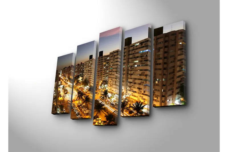 Suuri 5-osainen canvas-taulu, 105x70 cm - Kaupungin siluetti yövaloilla ja vilkkaalla liikenteellä - Tummansininen / Kulta / Harmaa - Sisustustuotteet - Taulu & taide - Canvas-taulu