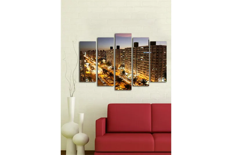 Suuri 5-osainen canvas-taulu, 105x70 cm - Kaupungin siluetti yövaloilla ja vilkkaalla liikenteellä - Tummansininen / Kulta / Harmaa - Sisustustuotteet - Taulu & taide - Canvas-taulu