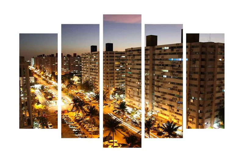 Suuri 5-osainen canvas-taulu, 105x70 cm - Kaupungin siluetti yövaloilla ja vilkkaalla liikenteellä, Tummansininen / Kulta / Harmaa