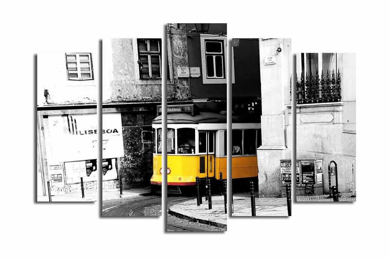 Suuri 5-osainen canvas-taulu, 105x70 cm - Keltainen raitiovaunu kääntymässä kulman takana kaupunkiympäristössä - Keltainen / Musta / Harmaa - Sisustustuotteet - Taulu & taide - Canvas-taulu