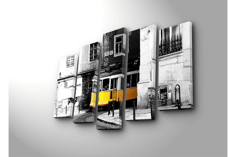 Suuri 5-osainen canvas-taulu, 105x70 cm - Keltainen raitiovaunu kääntymässä kulman takana kaupunkiympäristössä - Keltainen / Musta / Harmaa - Sisustustuotteet - Taulu & taide - Canvas-taulu
