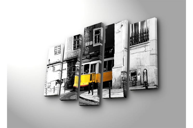 Suuri 5-osainen canvas-taulu, 105x70 cm - Keltainen raitiovaunu kääntymässä kulman takana kaupunkiympäristössä - Keltainen / Musta / Harmaa - Sisustustuotteet - Taulu & taide - Canvas-taulu