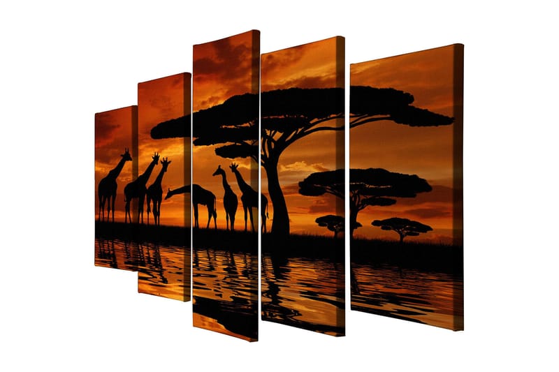 Suuri 5-osainen canvas-taulu, 105x70 cm - Kirahvien siluetit auringonlaskussa savannin yllä, Oranssi / Musta