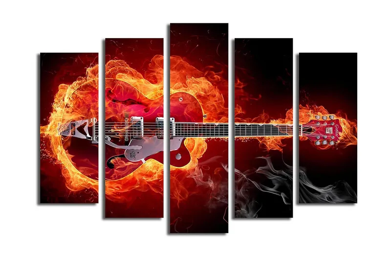 Suuri 5-osainen canvas-taulu, 105x70 cm - Kitara tulen ja savun ympäröimänä, Punainen / Oranssi / Musta