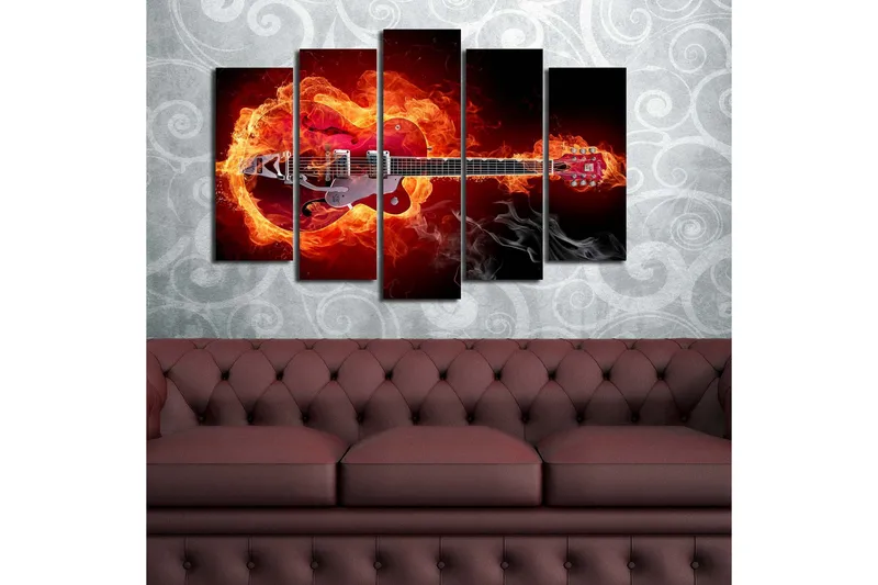 Suuri 5-osainen canvas-taulu, 105x70 cm - Kitara tulen ja savun ympäröimänä - Punainen / Oranssi / Musta - Sisustustuotteet - Taulu & taide - Canvas-taulu