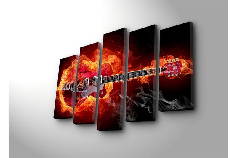 Suuri 5-osainen canvas-taulu, 105x70 cm - Kitara tulen ja savun ympäröimänä - Punainen / Oranssi / Musta - Sisustustuotteet - Taulu & taide - Canvas-taulu