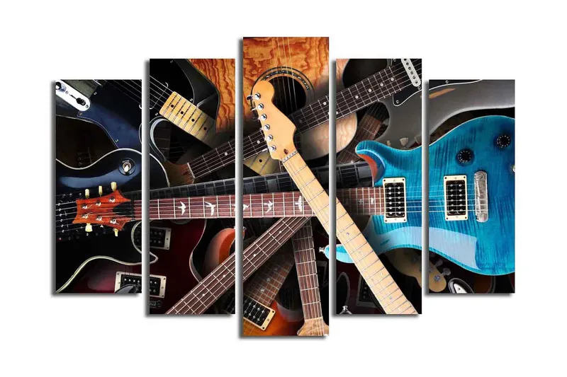 Suuri 5-osainen canvas-taulu, 105x70 cm - Kokoelma erilaisia kitaroita dynaamisessa sommitelmassa, Musta / Ruskea / Sininen