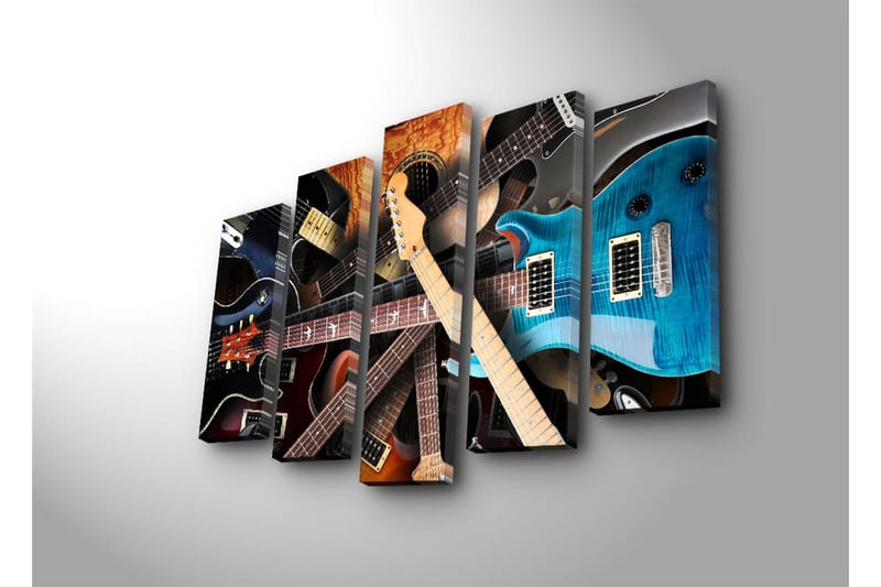 Suuri 5-osainen canvas-taulu, 105x70 cm - Kokoelma erilaisia kitaroita dynaamisessa sommitelmassa - Musta / Ruskea / Sininen - Sisustustuotteet - Taulu & taide - Canvas-taulu