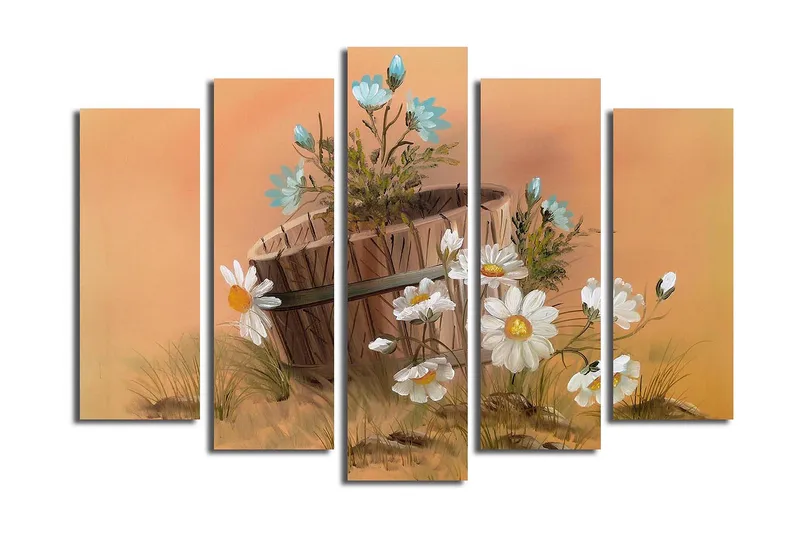 Suuri 5-osainen canvas-taulu, 105x70 cm - Kukka-asetelma päivänkakkaroilla ja korilla, Valkoinen / Sininen / Beige