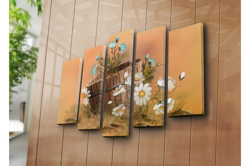 Suuri 5-osainen canvas-taulu, 105x70 cm - Kukka-asetelma päivänkakkaroilla ja korilla - Valkoinen / Sininen / Beige - Sisustustuotteet - Taulu & taide - Canvas-taulu