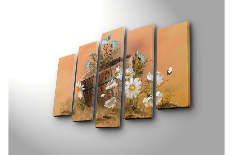 Suuri 5-osainen canvas-taulu, 105x70 cm - Kukka-asetelma päivänkakkaroilla ja korilla - Valkoinen / Sininen / Beige - Sisustustuotteet - Taulu & taide - Canvas-taulu