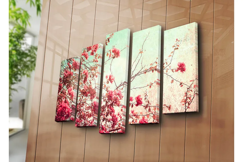Suuri 5-osainen canvas-taulu, 105x70 cm - Kukkivia bougainvillean oksia pastelliväreissä - Vaaleanpunainen / Mintunvihreä / Beige - Sisustustuotteet - Taulu & taide - Canvas-taulu
