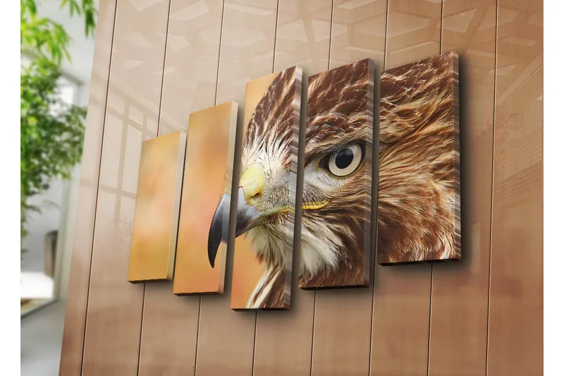 Suuri 5-osainen canvas-taulu, 105x70 cm - Lähikuva majesteettisesta haukasta, jonka kasvot ja silmät on keskitetty - Ruskea / Harmaa / Keltainen - Sisustustuotteet - Taulu & taide - Canvas-taulu