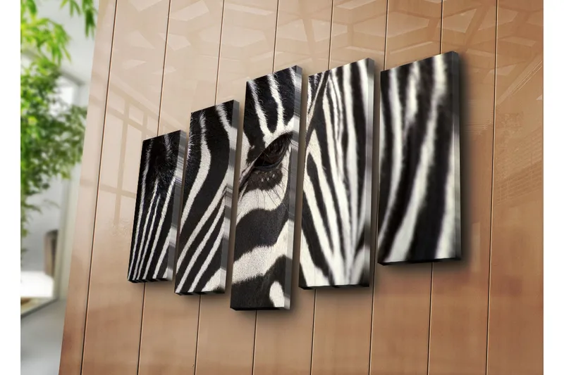 Suuri 5-osainen canvas-taulu, 105x70 cm - Lähikuva seeprasta, jossa on selkeät mustavalkoiset raidat - Musta / Valkoinen - Sisustustuotteet - Taulu & taide - Canvas-taulu