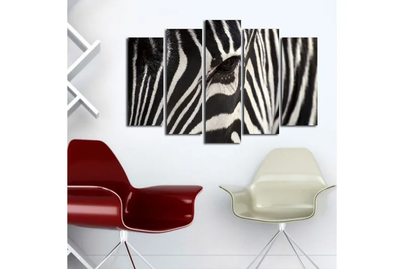 Suuri 5-osainen canvas-taulu, 105x70 cm - Lähikuva seeprasta, jossa on selkeät mustavalkoiset raidat - Musta / Valkoinen - Sisustustuotteet - Taulu & taide - Canvas-taulu