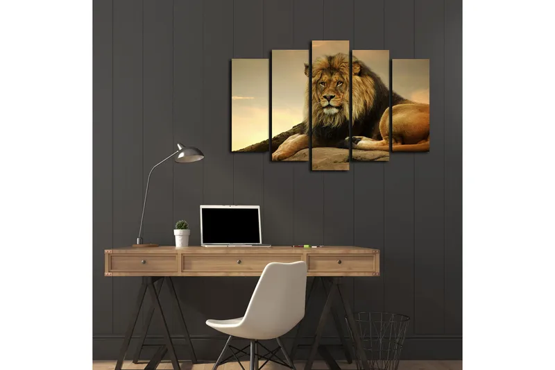 Suuri 5-osainen canvas-taulu, 105x70 cm - Majesteettinen leijona lepäämässä kalliolla - Kulta / Ruskea / Beige - Sisustustuotteet - Taulu & taide - Canvas-taulu
