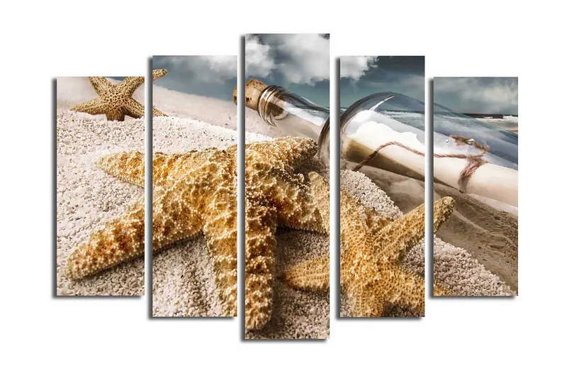 Suuri 5-osainen canvas-taulu, 105x70 cm - Merimaisema meritähdellä ja pullolla viestillä, Hiekanvärinen / Beige / Ruskea