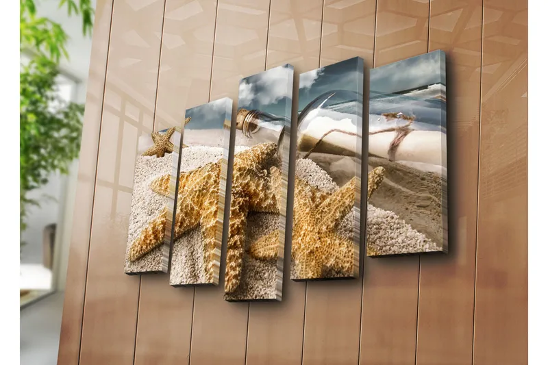 Suuri 5-osainen canvas-taulu, 105x70 cm - Merimaisema meritähdellä ja pullolla viestillä - Hiekanvärinen / Beige / Ruskea - Sisustustuotteet - Taulu & taide - Canvas-taulu