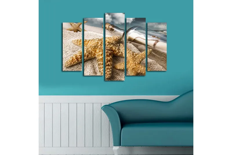 Suuri 5-osainen canvas-taulu, 105x70 cm - Merimaisema meritähdellä ja pullolla viestillä - Hiekanvärinen / Beige / Ruskea - Sisustustuotteet - Taulu & taide - Canvas-taulu