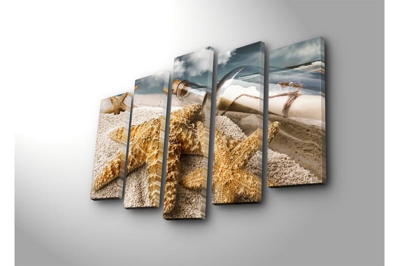Suuri 5-osainen canvas-taulu, 105x70 cm - Merimaisema meritähdellä ja pullolla viestillä - Hiekanvärinen / Beige / Ruskea - Sisustustuotteet - Taulu & taide - Canvas-taulu