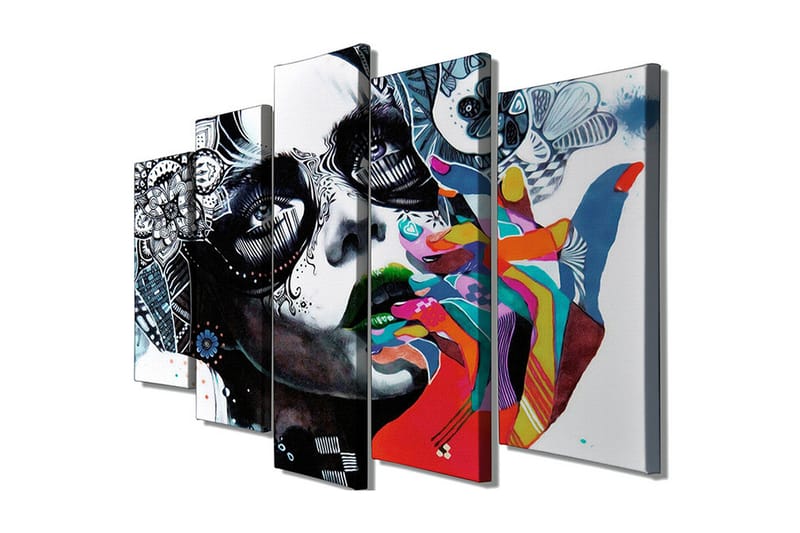 Suuri 5-osainen canvas-taulu, 105x70 cm - Muotokuva naisesta värikkäällä kädellä ja yksityiskohtaisella kasvomaalauksella, Musta / Vihreä / Punainen